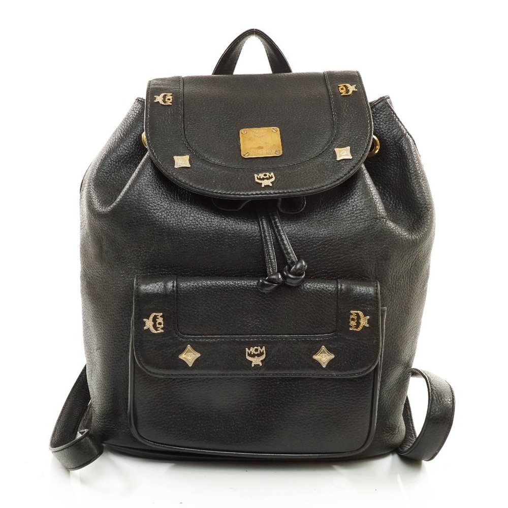 Auth Mcm Back Pack Bag Black Leather #27007M12